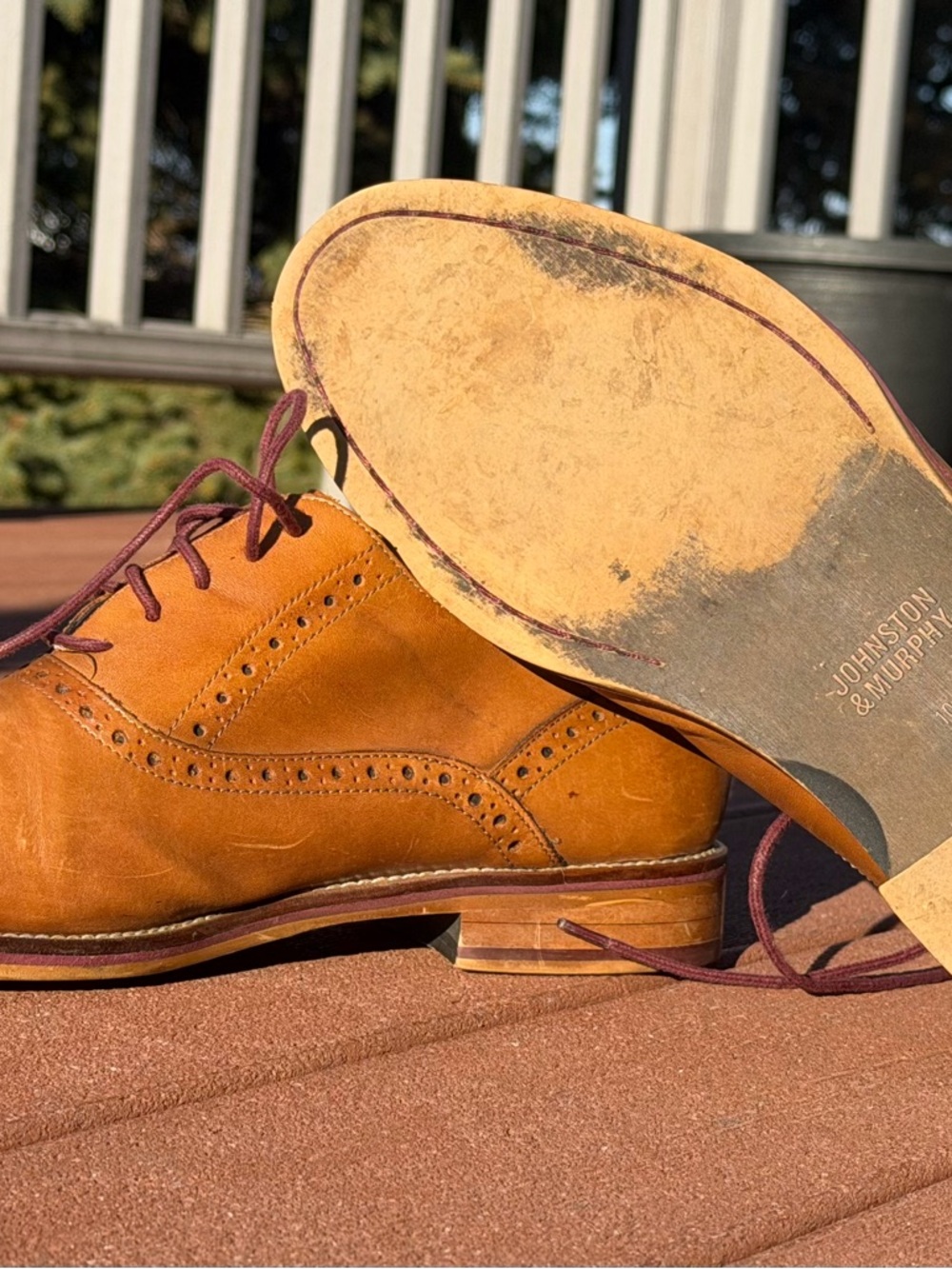 Johnston & Murphy Tan Leather Wingtip Derbys with Burgundy Laces